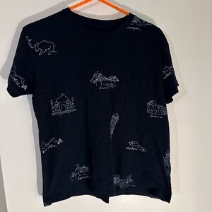 J. Crew Black Short Sleeve Tee with White Landmark Sketches